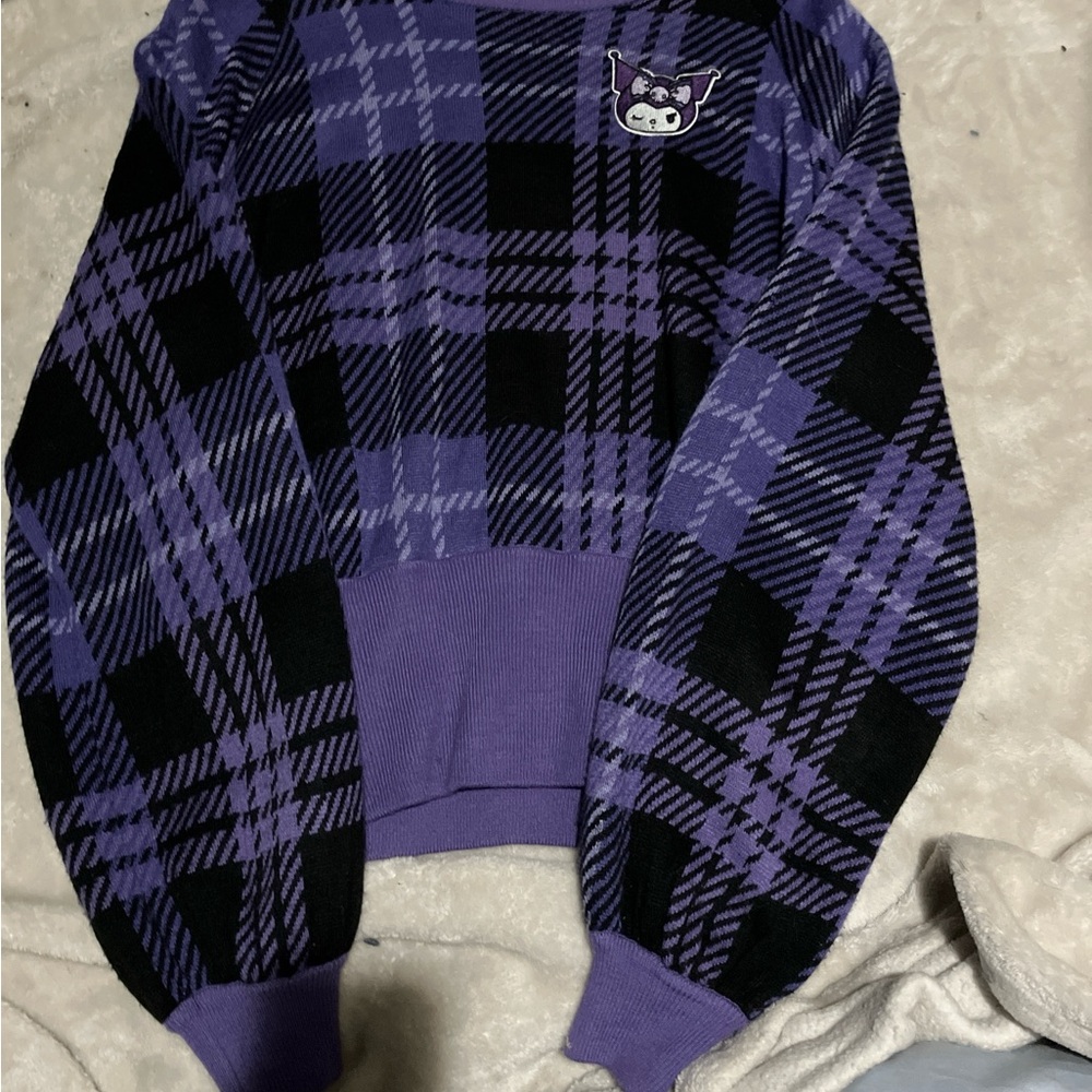Sanrio Purple and Black Crew Neck Sweater with Plaid Design